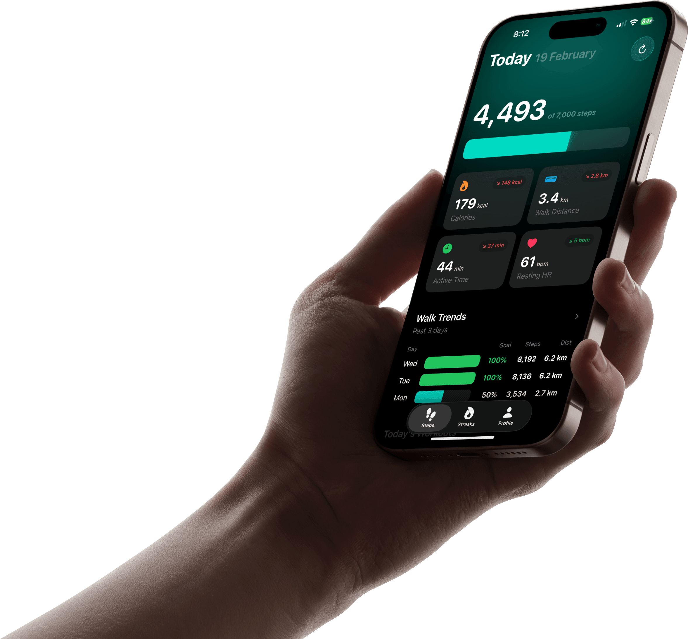 StepUP app showing step tracking, health metrics, and walk trends